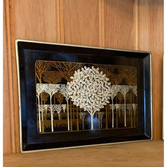 Vintage Otagiri Black Lacquer Golden Mist Hors d’oeuvres Trays Mid Century Moder - Picture 1 of 3